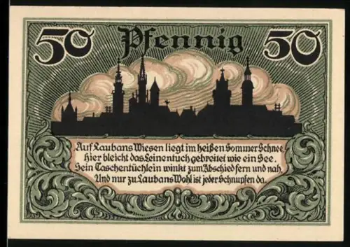 Notgeld Lauban i. Schles. 1920, 50 Pfennig, Stadtsilhouette und Wappen mit Baum und Werkzeug