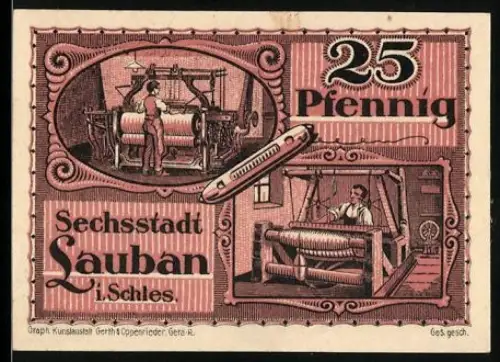 Notgeld Lauban i. Schles. 1920, 25 Pfennig, Textilproduktion und Ortsansicht mit Wappen