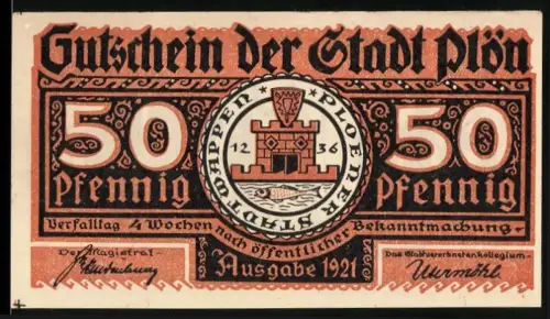 Notgeld Plön 1921, 50 Pfennig, Stadtwappen und Wendenkrieg 1074-1139