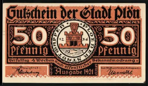Notgeld Plön 1921, 50 Pfennig, Stadtsiegel und Wendekrieg-Motiv