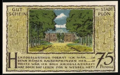 Notgeld Plön 1921, 75 Pfennig, Herzogslusthaus und Prinzenfarm