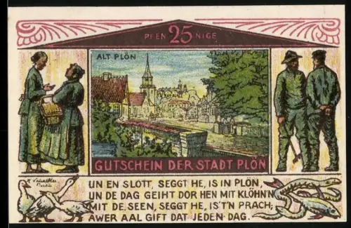 Notgeld Plön 1921, 25 Pfennig, Alt Plön Ortsansicht und Fischerei-Symbolik