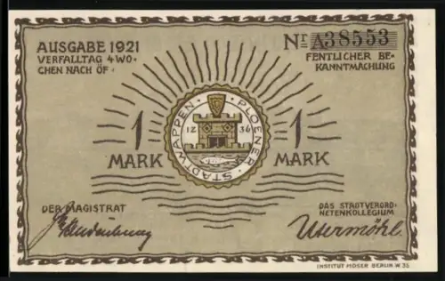 Notgeld Plön 1921, 1 Mark, Stadtwappen und Ortsansicht mit See und Booten