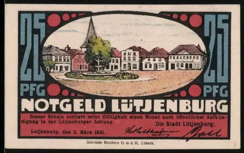 Notgeld Lütjenburg 1921, 25 Pfennig, Ortsansicht und Turmmotiv