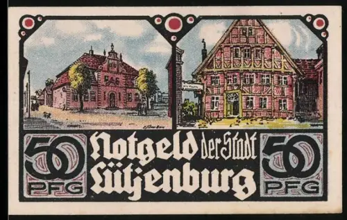 Notgeld Lütjenburg, 50 Pfennig, historische Gebäude und Kirche in Landschaft