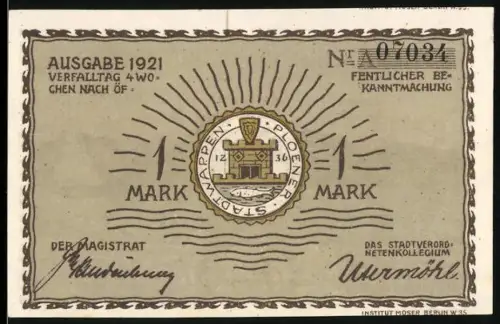 Notgeld Plön 1921, 1 Mark, Stadtwappen und Landschaft mit Segelboot