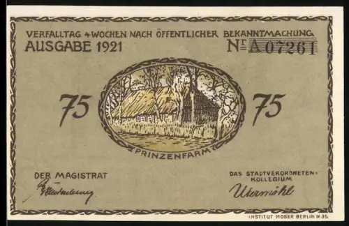 Notgeld Plön 1921, 75 Pfennig, Prinzenfarm und Herzogslusthaus
