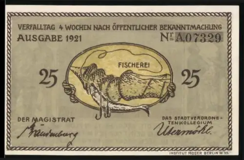 Notgeld Plön 1921, 25 Pfennig, Fischerei und Ortsansicht von Alt Plön mit Figuren und Spruchband