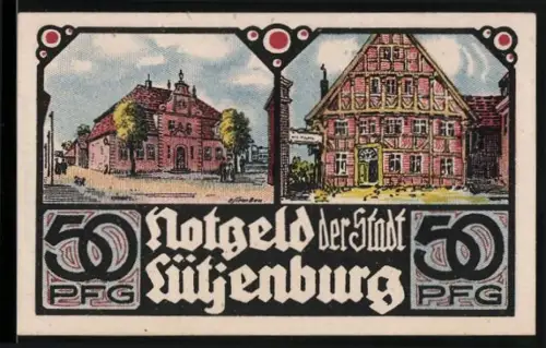 Notgeld Lütjenburg, 50 Pfennig, Fachwerkhäuser und Kirchturmansicht