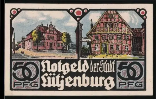Notgeld Lütjenburg, 50 Pfennig, historische Gebäude und Kirche