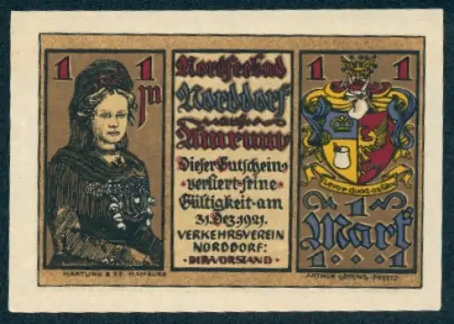 Notgeld Norddorf /Amrum 1921, 1 Mark, Porträt einer Frau und Innenansicht eines Zimmers, Wappen