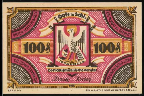 Notgeld Oels i. Schl., 1 Mark, Kaufmännischer Verein und Schlosskirche Oels