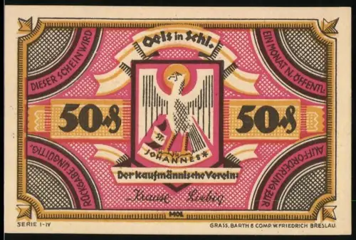 Notgeld Oels i. Schl., 50 Pfennig, Adler und Gebäudeansicht