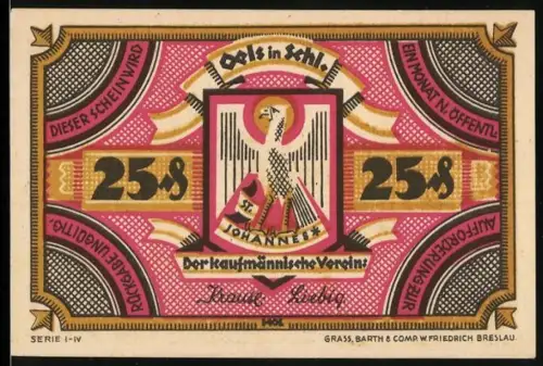 Notgeld Oels i. Schl. 1921, 25 Pfennig, Kaufmännischer Verein und Schlossansicht