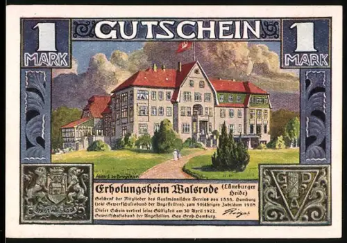 Notgeld Walsrode /Lüneburger Heide 1922, 1 Mark, Erholungsheim und Flusslandschaft mit Fabriken