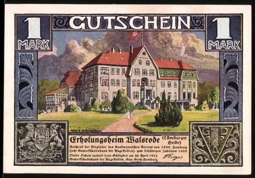 Notgeld Walsrode /Lüneburger Heide 1922, 1 Mark, Erholungsheim und herbstliche Szene mit Musikanten