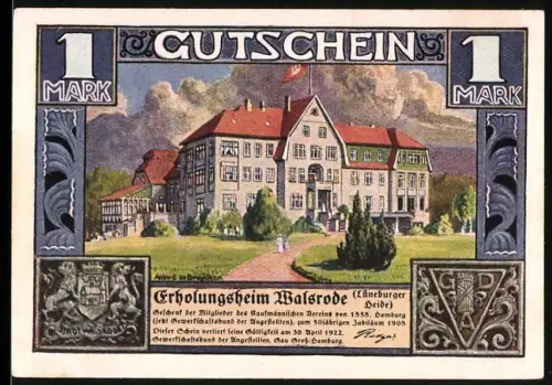 Notgeld Walsrode /Lüneburger Heide 1922, 1 Mark, Erholungsheim und Klosteransicht