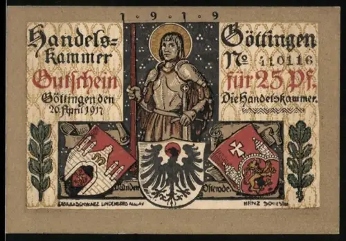 Notgeld Göttingen 1917, 25 Pfennig, Ritter mit Schwert und Adlerwappen