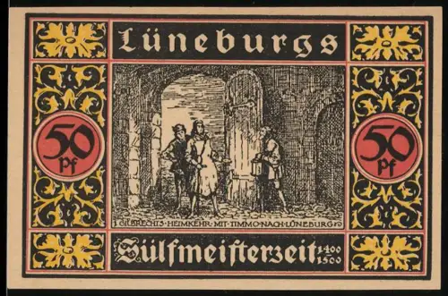 Notgeld Lüneburg 1921, 50 Pf, Rückkehr Heimkehr mit Timmo, Heidelandschaft und Saline-Jubiläum