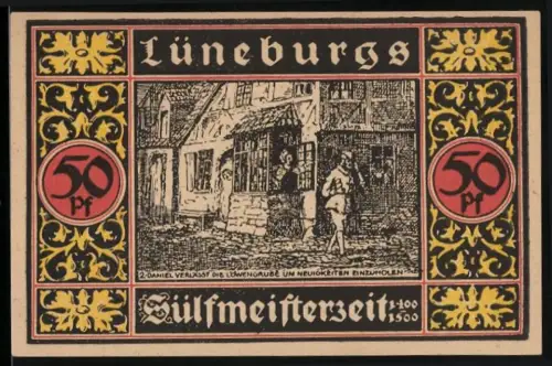 Notgeld Lüneburg 1921, 50 Pf, mittelalterliche Strasse und Kirche, 1000 Jahre Salzquelle