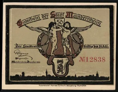 Notgeld Mainbernheim 1920, 50 Pfennig, Engel mit Wappen und Ortsansicht mit Spruch