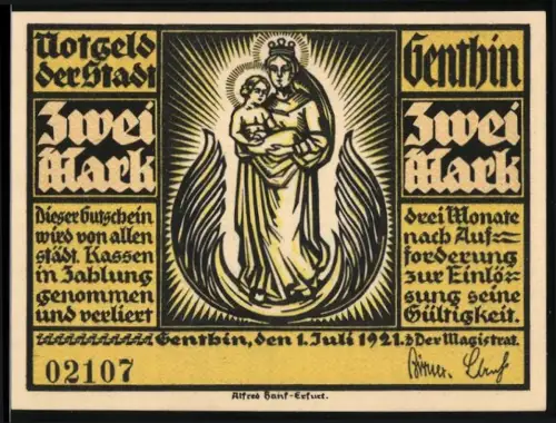 Notgeld Genthin 1921, 2 Mark, Madonna mit Kind und Ortsansicht mit Turm