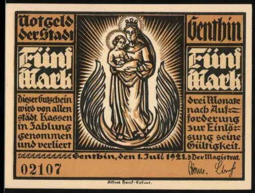 Notgeld Genthin 1921, 5 Mark, Madonna mit Kind und Ortsansicht