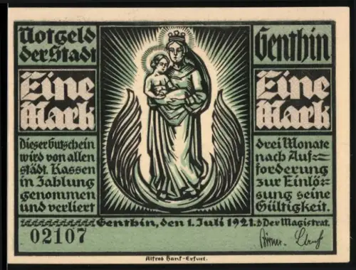 Notgeld Genthin 1921, 1 Mark, Darstellung der Madonna mit Kind und Turm im Wald