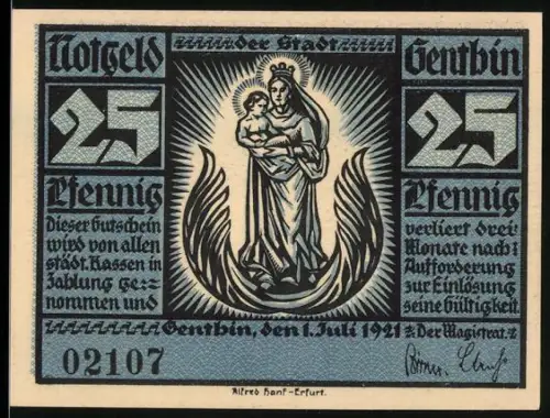 Notgeld Genthin 1921, 25 Pfennig, Madonna mit Kind und Flusslandschaft