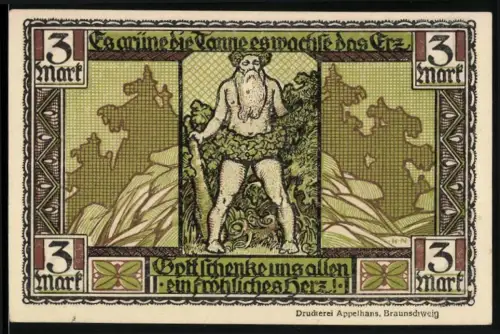 Notgeld Thale /Harz 1921, 3 Mark, Wilder Mann und Wappen mit Bergmann