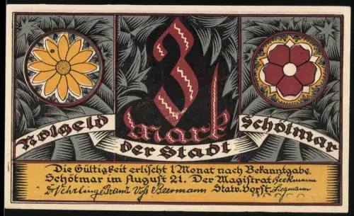 Notgeld Schötmar, 3 Mark, mittelalterliche Ratsversammlung mit Blumenmotiven