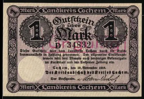 Notgeld Cochem 1918, 1 Mark, Burg Cochem