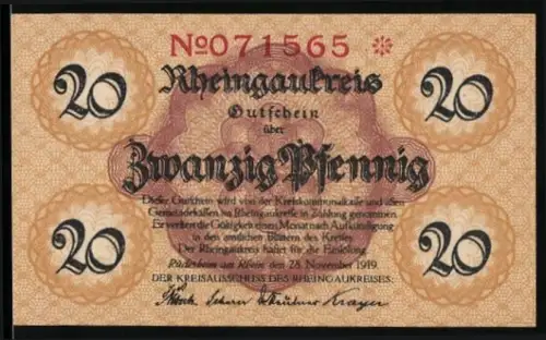 Notgeld Rüdesheim a. Rhein 1919, 20 Pfennig, Landschaftsansicht mit Gebäuden