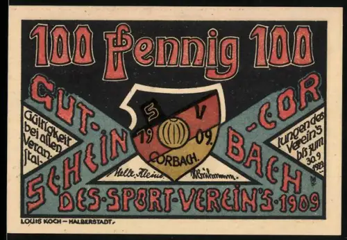 Notgeld Corbach i. Waldeck 1921, 100 Pfennig, Wappen des Sport-Vereins 1909 und Ortsansicht von Alt Corbach