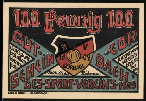 Notgeld Corbach i. Waldeck, 100 Pfennig, Wappen des Sportvereins 1909 und Ortsansicht Alt Corbach um 1650