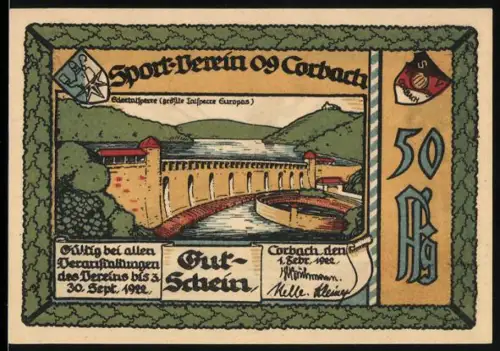 Notgeld Corbach i. Waldeck 1922, 50 Pf, Darstellung einer Talsperre und Läufer auf Stadion