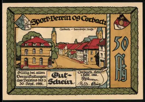 Notgeld Corbach i. Waldeck 1922, 50 Pfennig, Ortsansicht und Sportler auf Stadiondach mit Lorbeer