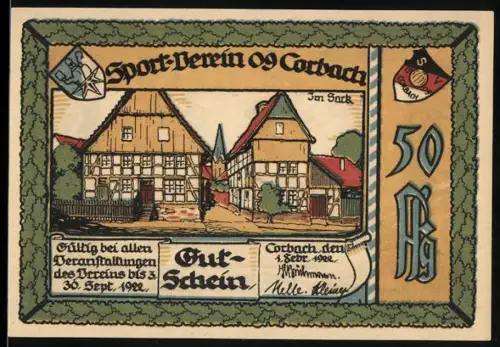 Notgeld Corbach i. Waldeck 1922, 50 Pfennig, Fachwerkhäuser und Sportler auf Podest, Wappen des Sportvereins 09