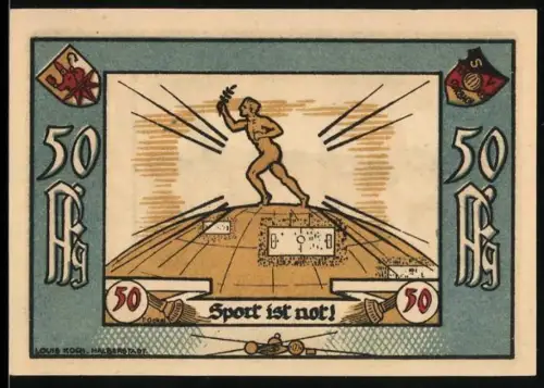 Notgeld Corbach i. Waldeck 1922, 50 Pf, Läuferstatue und Ortsansicht mit Kirchtürmen