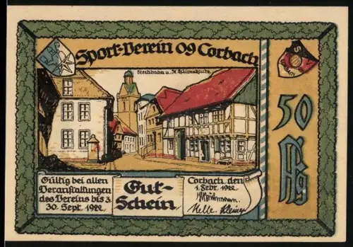 Notgeld Corbach i. Waldeck 1922, 50 Pf, Ortsansicht und sportlicher Läufer mit Lorbeerzweig