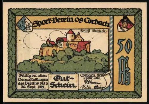 Notgeld Corbach i. Waldeck 1922, 50 Pf, Schloss Waldeck und Sportler auf Stadionbahn, Wappen