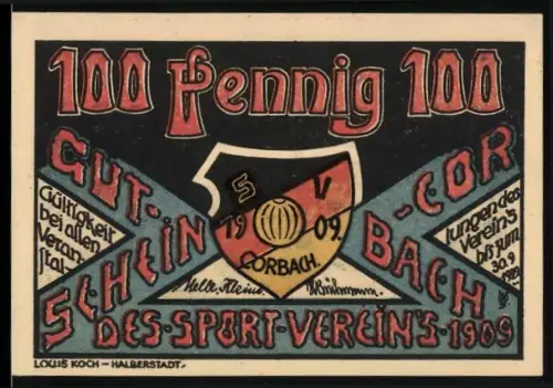 Notgeld Corbach i. Waldeck 1921, 100 Pfennig, Ortsansicht und Wappen des Sportvereins 1909