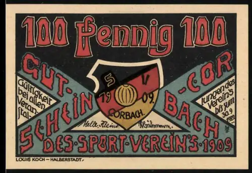 Notgeld Corbach i. Waldeck 1921, 100 Pfennig, Sportverein-Wappen und Marktplatz mit St.-Kiliani-Kirche