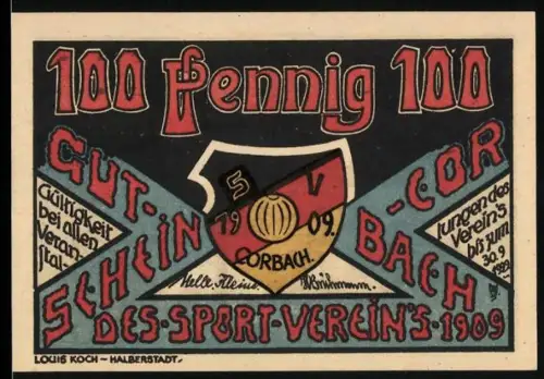 Notgeld Corbach i. Waldeck 1921, 100 Pfennig, Sportverein-Wappen und Ansicht der Altstadt mit Brücke und Tor