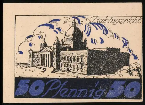 Notgeld Leipzig 1921, 50 Pfennig, Reichsgericht und Völkerschlachtdenkmal