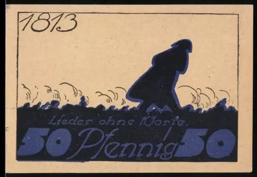 Notgeld Leipzig 1921, 50 Pfennig, Völkerschlachtdenkmal und Napoleon-Silhouette