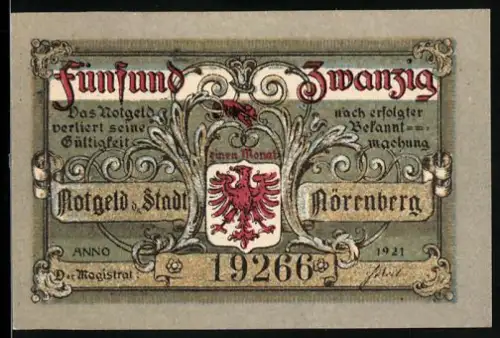 Notgeld Nörenberg 1921, 25 Pfennig, roter Adler und florales Muster