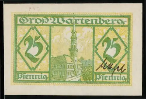 Notgeld Gross Wartenberg 1920, 25 Pfennig, Ortsansicht und Wappen mit Ritter auf Pferd