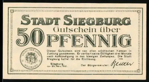 Notgeld Siegburg 1921, 50 Pfennig, Ortsansicht mit Abtei und Wappen