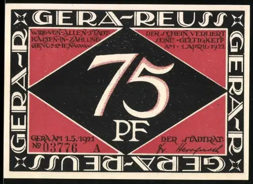 Notgeld Gera 1921, 75 Pf, Mensch mit Fackel und Flammen